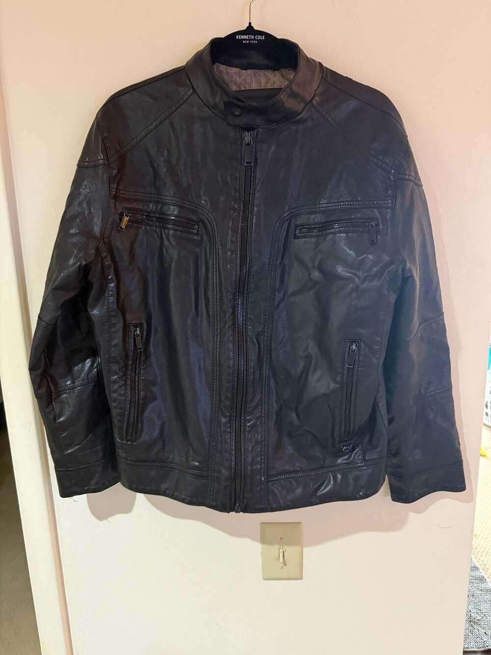 Calvin Klein Black Faux Leather Moto Jacket Mens Zip Racer CK Logo